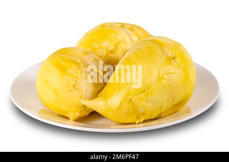 Durian, pulpes, roi de fruits dans un plat en céramique blanc isolé sur fond blanc. Banque D'Images