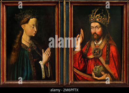 La Vierge et le Christ comme Salvator Mundi 1500 par maître allemand ou suisse après van Eyck ou Petrus Christus, 16th siècle Suisse Allemagne Banque D'Images