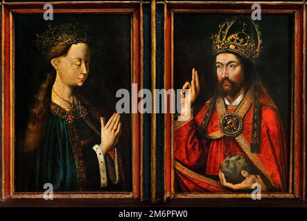 La Vierge et le Christ comme Salvator Mundi 1500 par maître allemand ou suisse après van Eyck ou Petrus Christus, 16th siècle Suisse Allemagne Banque D'Images