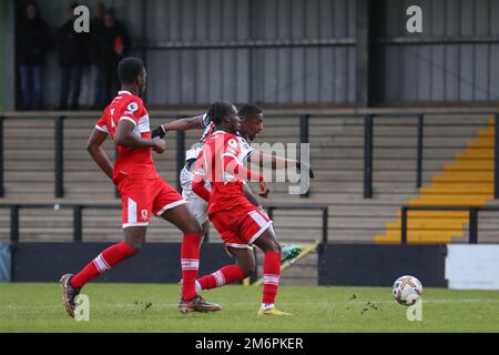 Jovan Malcolm, de West Bromwich Albion, a tourné au but lors du match de coupe de la Premier League à West Bromwich Albion vs Middlesbrough U23 à Keys Park, Hednesford, Royaume-Uni, le 5th janvier 2023 (photo de Gareth Evans/News Images) à Hednesford, Royaume-Uni, le 1/5/2023. (Photo de Gareth Evans/News Images/Sipa USA) Banque D'Images