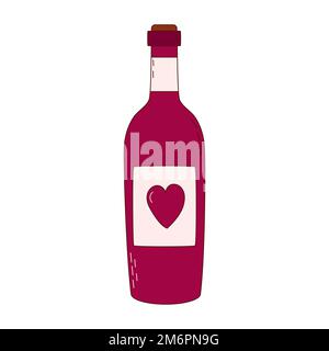 Bouteille de vin tirée à la main pour la Saint-Valentin. Éléments de conception pour affiches, cartes de vœux, bannières et invitations Illustration de Vecteur