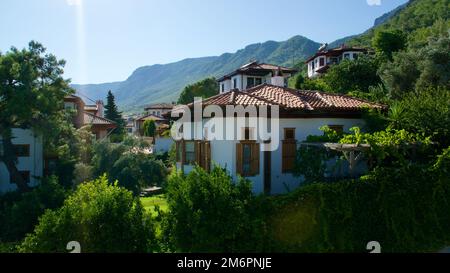 Vue depuis Ortaca, centre du quartier de Dalyan. Nature verte et quartier touristique de Dalyan. Banque D'Images