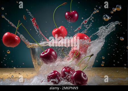 cerises et morceaux de cerise tombant dans un jus d'eau splash macro photo studio photo sujets isolés Banque D'Images
