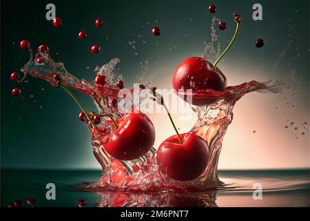cerises et morceaux de cerise tombant dans un jus d'eau splash macro photo studio photo sujets isolés Banque D'Images