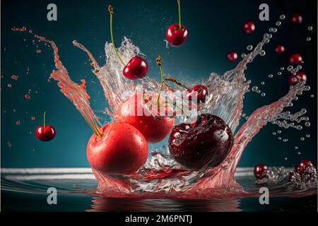 cerises et morceaux de cerise tombant dans un jus d'eau splash macro photo studio photo sujets isolés Banque D'Images