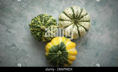 Trois mini-citrouilles décoratives sur fond de pierre rustique. Scène automnale colorée Banque D'Images