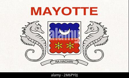 Drapeau de Mayotte. Drapeau de l'île Mayotte sur la surface du tissu. Symbole Mayotte sur fond texturé Banque D'Images