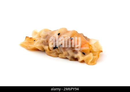 Guotie avec porc haché et crevettes sur fond blanc Banque D'Images