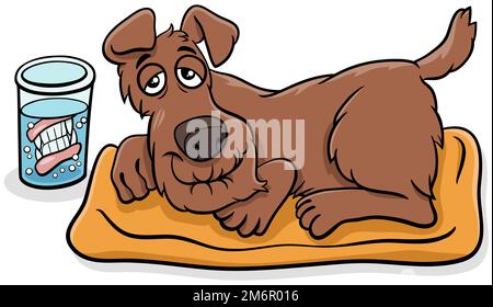 Dessin animé chien senior avec des prothèses dentaires dans un verre Banque D'Images
