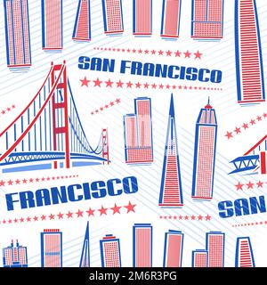 Vector San Francisco Seamless Pattern, fond carré répétitif avec illustration du paysage de ville célèbre rouge sur fond blanc pour papier d'emballage, Illustration de Vecteur