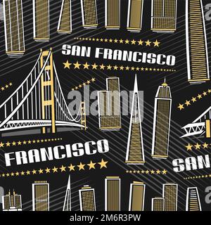 Vector San Francisco Seamless Pattern, répétition de l'arrière-plan avec l'illustration du célèbre paysage de la ville américaine sur fond sombre pour le papier d'emballage, lin Illustration de Vecteur