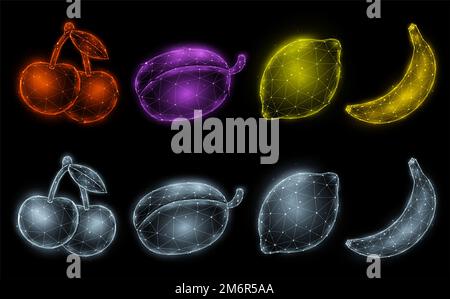 Illustration vectorielle polygonale cerisier, prune, citron et banane isolée sur fond noir. Ensemble de fruits à motif poly bas. Slot mac Banque D'Images