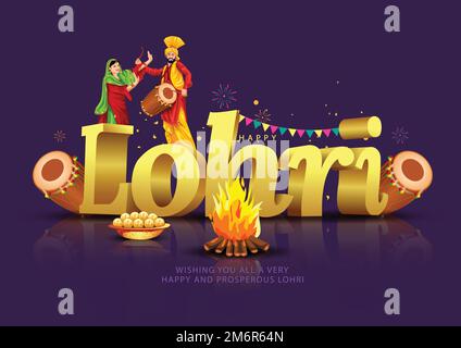 Festival indien heureux lohri avec des props Lohri, arrière-plan de vacances, carte de vœux de célébration de Punjabi, dessin d'illustration de vecteur. Illustration de Vecteur