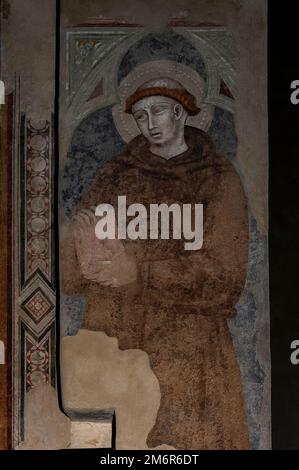 Saint François d'Assise, tonsured et portant l'habitude franciscaine de laine brune : Fresque, sur la face intérieure de l'arche nef, dans la vie de St François cycle peint vers 1380 par les artistes de l'école Sienese Cristoforo di Bindoccio et Meo di Piero dans la Chiesa di San Francesco ou l'église de St François à Pienza, Val d'Orcia, Toscane, Italie. Banque D'Images