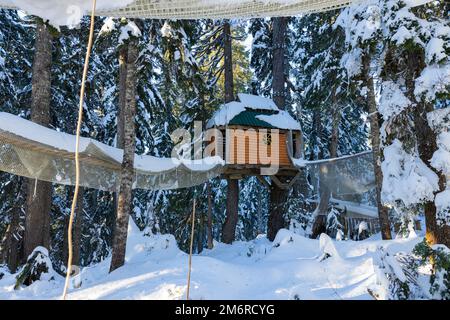 Vancouver, Canada - 16 décembre,2022: Vue sur le parc d'attractions Kids Tree Canopy sur le mont Grouse par une journée d'hiver ensoleillée Banque D'Images