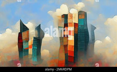 Gratte-ciels modernes, tableau abstrait. Illustration numérique basée sur le rendu par réseau neuronal Banque D'Images