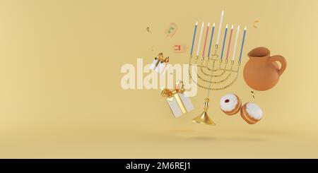 3D rendu image de vacances juives Hanukkah avec menorah ou Candelabra traditionnel, beignets et drêdels en bois orspinning top, Banque D'Images