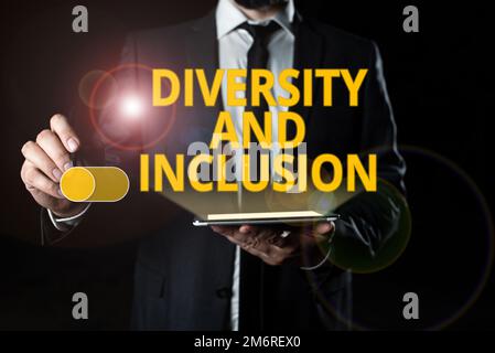 Affiche manuscrite diversité et inclusion. La différence humaine de la gamme d'approche commerciale inclut la race ethnicité sexe Banque D'Images