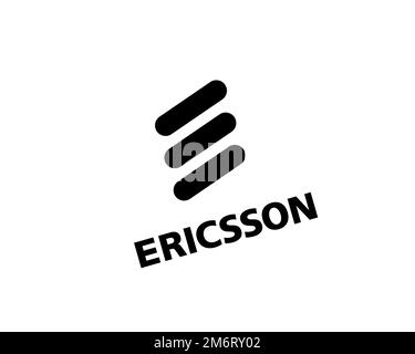 Ericsson Mobile Communications, logo pivoté, fond blanc Banque D'Images