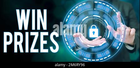 Gagnez des prix pour le texte manuscrite. Mot écrit sur quelque chose donné pour la victoire dans un concours ou un concours Banque D'Images