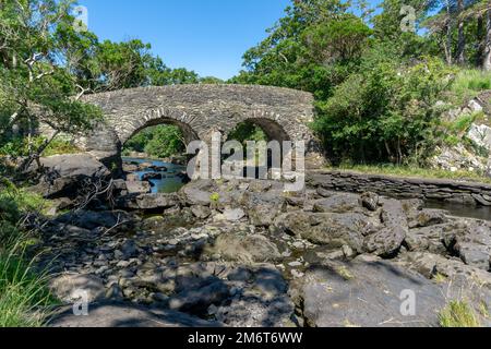 Vue sur le pont historique Old Weir à la rencontre des eaux dans le parc national Killarney Banque D'Images