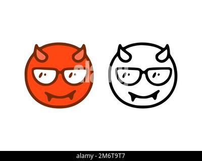 Diable avec des lunettes émoticône dans le style Doodle isolé sur fond blanc Banque D'Images