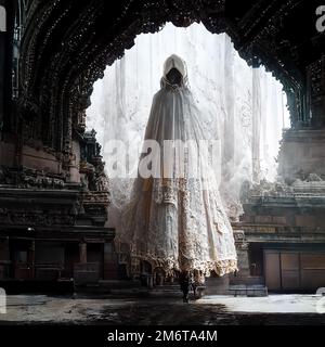 Fantôme d'une femme en robe blanche dans l'horreur de bâtiment abandonné Halloween Banque D'Images