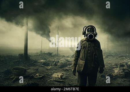 Homme avec un masque à gaz dans un environnement apocalyptique d'après-guerre Banque D'Images