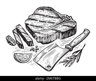 Steak de bœuf grillé et cale-viande. Concept de cuisine. Esquissez une illustration vectorielle dessinée à la main Illustration de Vecteur