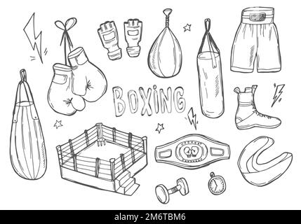 Jeu d'icônes de boxe. Sac de poinçonnage, lueurs de boîte, short, cloche de boîte, anneau. Icônes boxi noir et blanc, illustrations vectorielles des éléments de boxe dessinées à la main. Illustration de Vecteur