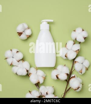 Flacon en plastique blanc avec pompe sur fond vert. Banque D'Images