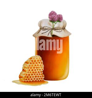 Bocal en verre aquarelle de miel ambré avec nid d'abeille, trèfle. Illustration des vitamines de renforcement de l'immunité dessinées à la main sur le fond. Banque D'Images