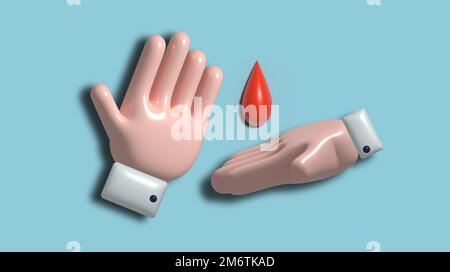 Deux mains de dessin animé et une goutte de sang rouge sur un fond bleu. Concept de don, don de sang, 3D rendre illustration Banque D'Images
