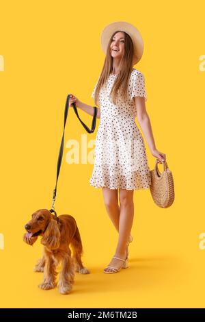 Jeune femme avec un épagneul cocker rouge marchant sur fond jaune Banque D'Images