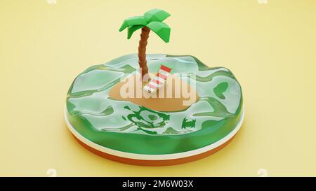 3D a rendu stylisé petite île tropicale avec palmier et chaise longue. 3D graphiques. Illustration Banque D'Images