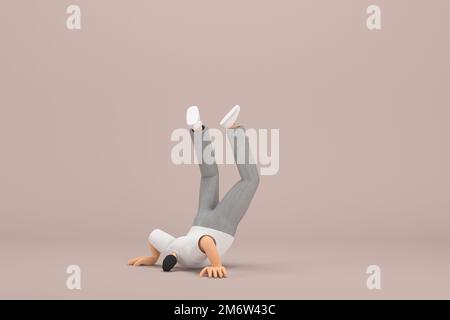 L'homme avec la barbe porte-pantalon en velours côtelé gris et t-shirt à col blanc. Il fait de l'exercice. 3d illustrateur de personnage de dessin animé Banque D'Images