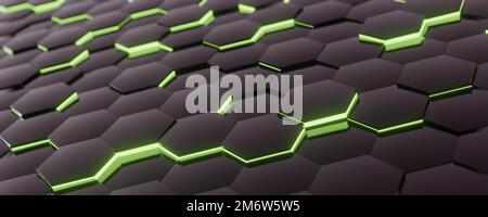 Carreaux hexagonaux noirs fond vert brillant Banque D'Images