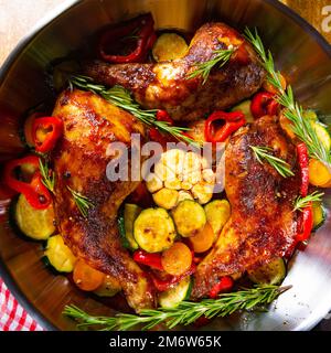 Cuisses de poulet frites avec divers légumes et épices Banque D'Images