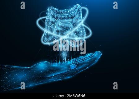 Récupération intestinale. Illustration vectorielle polygonale d'une main avec un intestin humain. Donneur de greffe d'intestin. Bannière médicale Banque D'Images