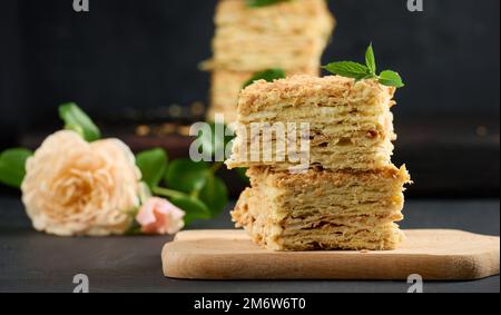 Une pile de tranches de tarte Napoléon cuites à la crème. Pâte feuilletée, délicieux dessert Banque D'Images