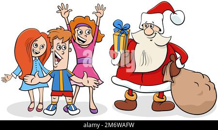 Dessin animé Père Noël avec sac de cadeaux de Noël et enfants Banque D'Images