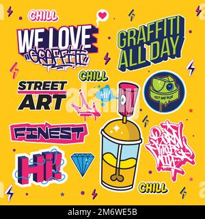 Un ensemble de motifs colorés d'autocollants d'art graffiti. Style urbain frais sur le thème du graffiti. autocollants et illustrations de fond Illustration de Vecteur