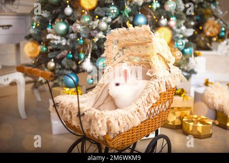 Un lapin blanc se trouve à l'intérieur d'une poussette rétro pour poupées. Décoration de Noël vintage, sapin de Noël Banque D'Images