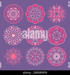 Motifs de mandala roses sur fond violet Illustration de Vecteur