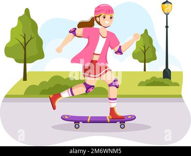 Skateboard Illustration avec des skateboarders Jump utilisation de la planche sur Springboard dans Skatepark dans Extreme Sport Flat style dessin dessin animé à la main modèles Illustration de Vecteur