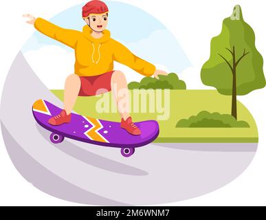 Skateboard Illustration avec des skateboarders Jump utilisation de la planche sur Springboard dans Skatepark dans Extreme Sport Flat style dessin dessin animé à la main modèles Illustration de Vecteur