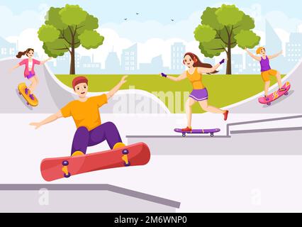 Skateboard Illustration avec des skateboarders Jump utilisation de la planche sur Springboard dans Skatepark dans Extreme Sport Flat style dessin dessin animé à la main modèles Illustration de Vecteur