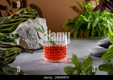 Cocktail tropical rhum Jungle Bird. Fond vert jungle avec feuilles de plantes. Banque D'Images