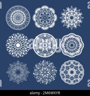 Motifs de mandala blancs sur fond bleu Illustration de Vecteur