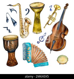 Ensemble d'instruments de musique jazz et de signes aquarelle illustration isolée. Accordéon, djembe, trompette, conga, tambourine dessiné à la main. Elément de conception f Banque D'Images